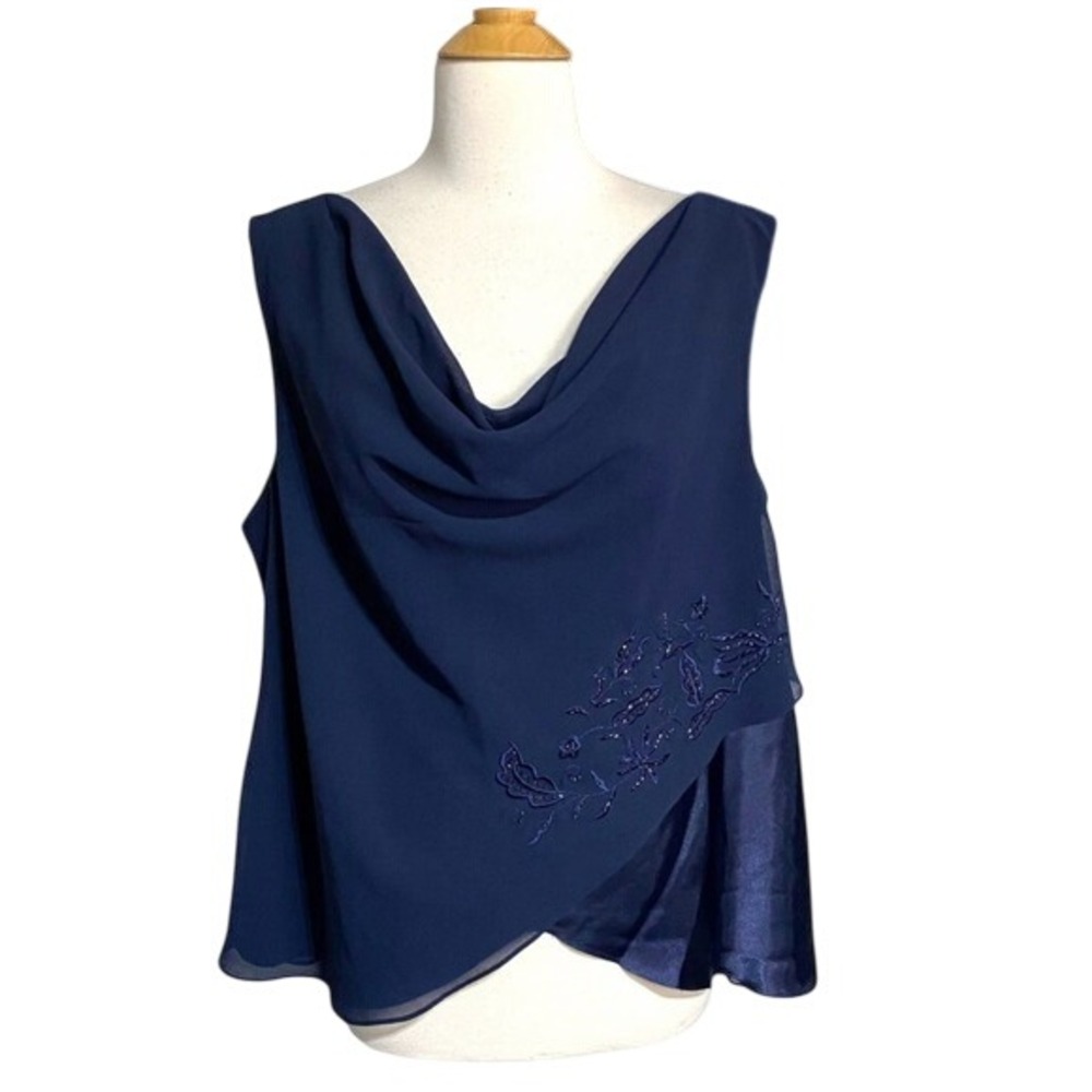 Coldwater Creek Navy Cowl Neck Top Embellished Layered Blouse Size 16 Office